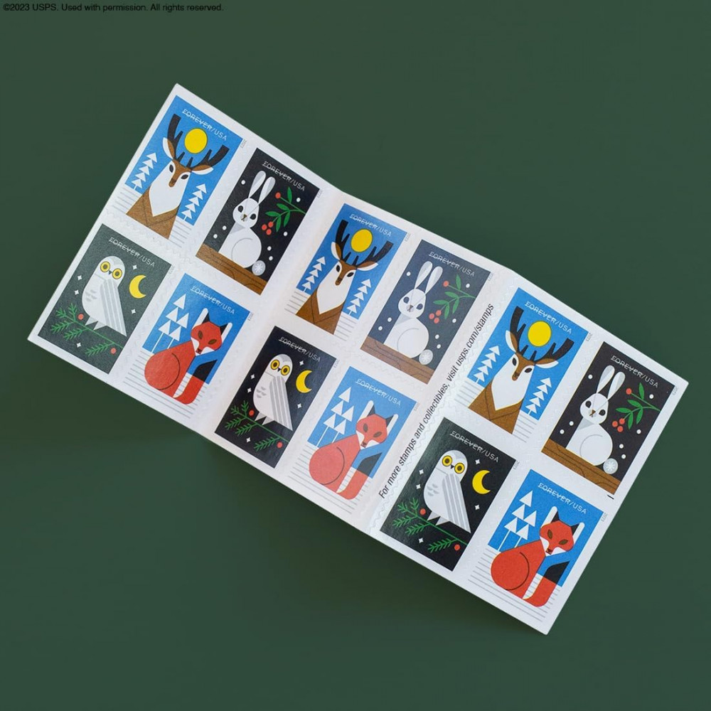 (2023) Winter Woodland Animals Forever Postage Stamps (a Deer, Fox, Rabbit, and Owl)